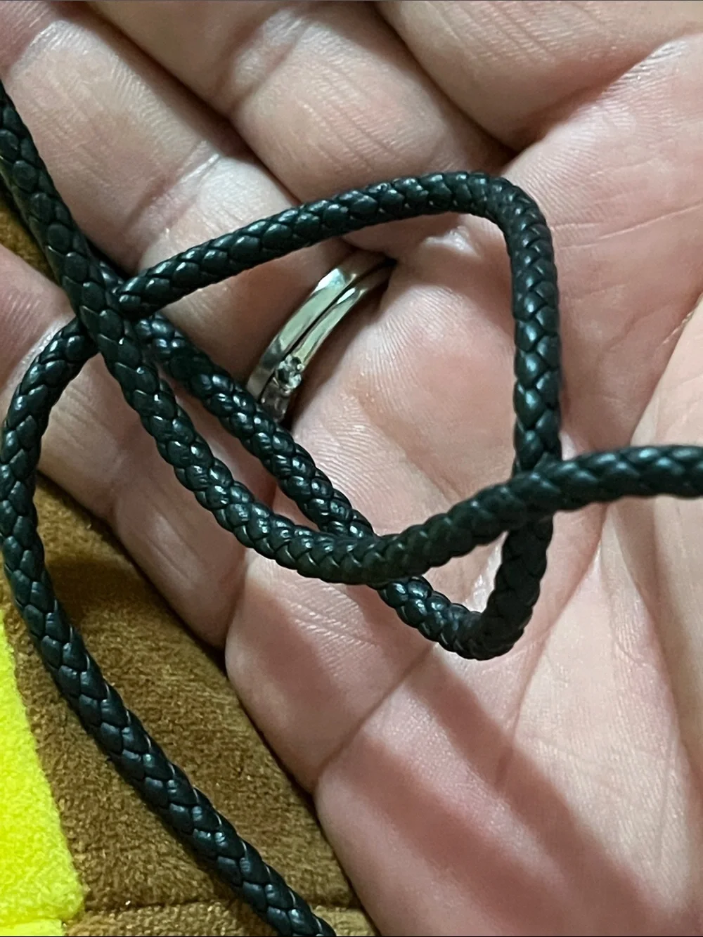 Men's Black Braided Leather Necklace with Silver-Tone Bamboo Accent